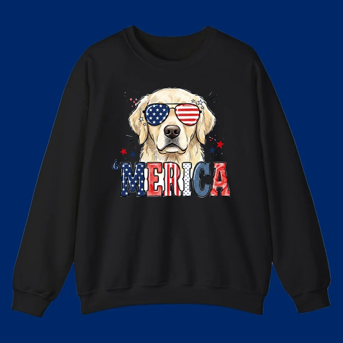 An illustration of a golden retriever wearing American flag sunglasses, with paint splatters and stars, and the text 'MERICA below, celebrating patriotic dog merica.