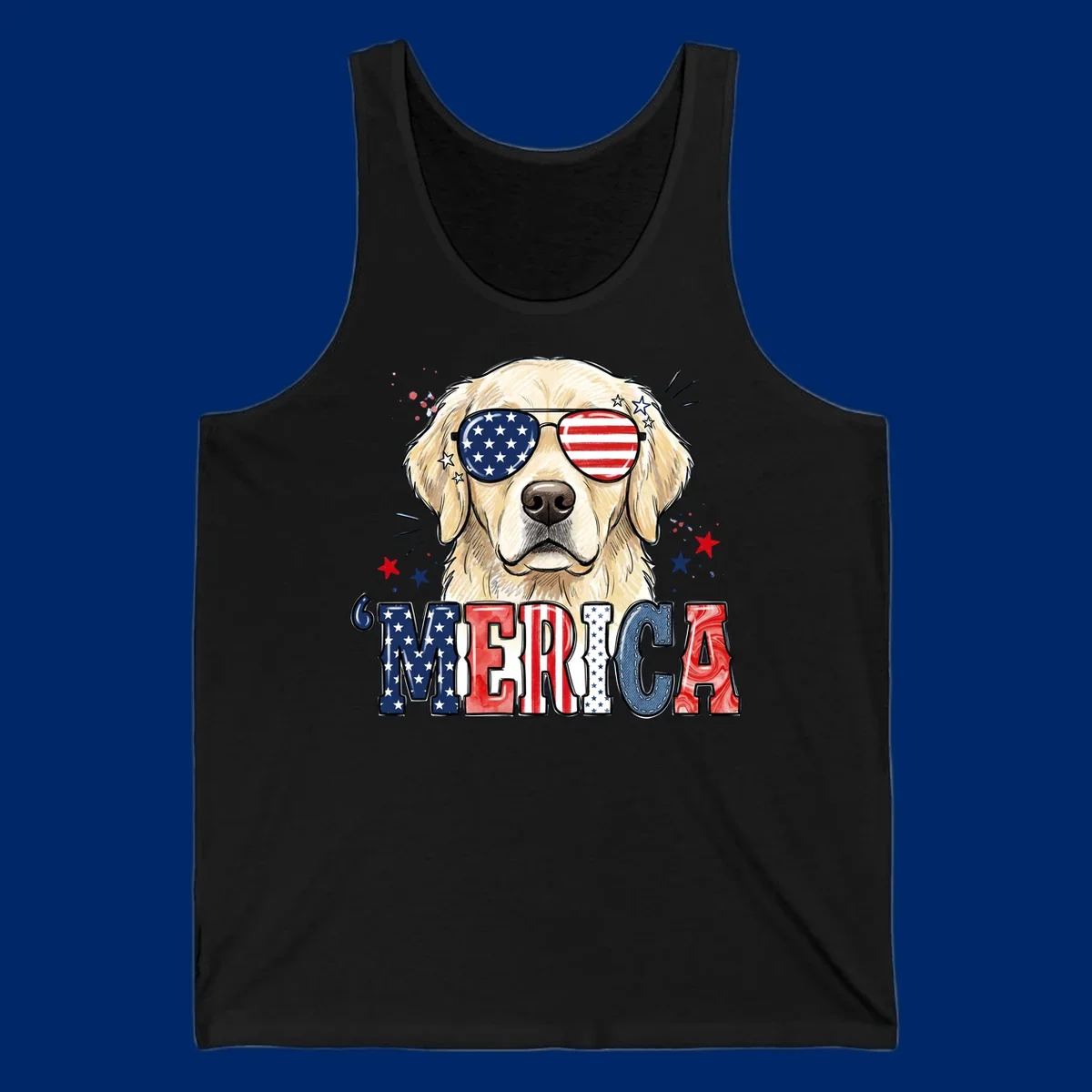 An illustration of a golden retriever wearing American flag sunglasses, with paint splatters and stars, and the text 'MERICA below, celebrating patriotic dog merica.