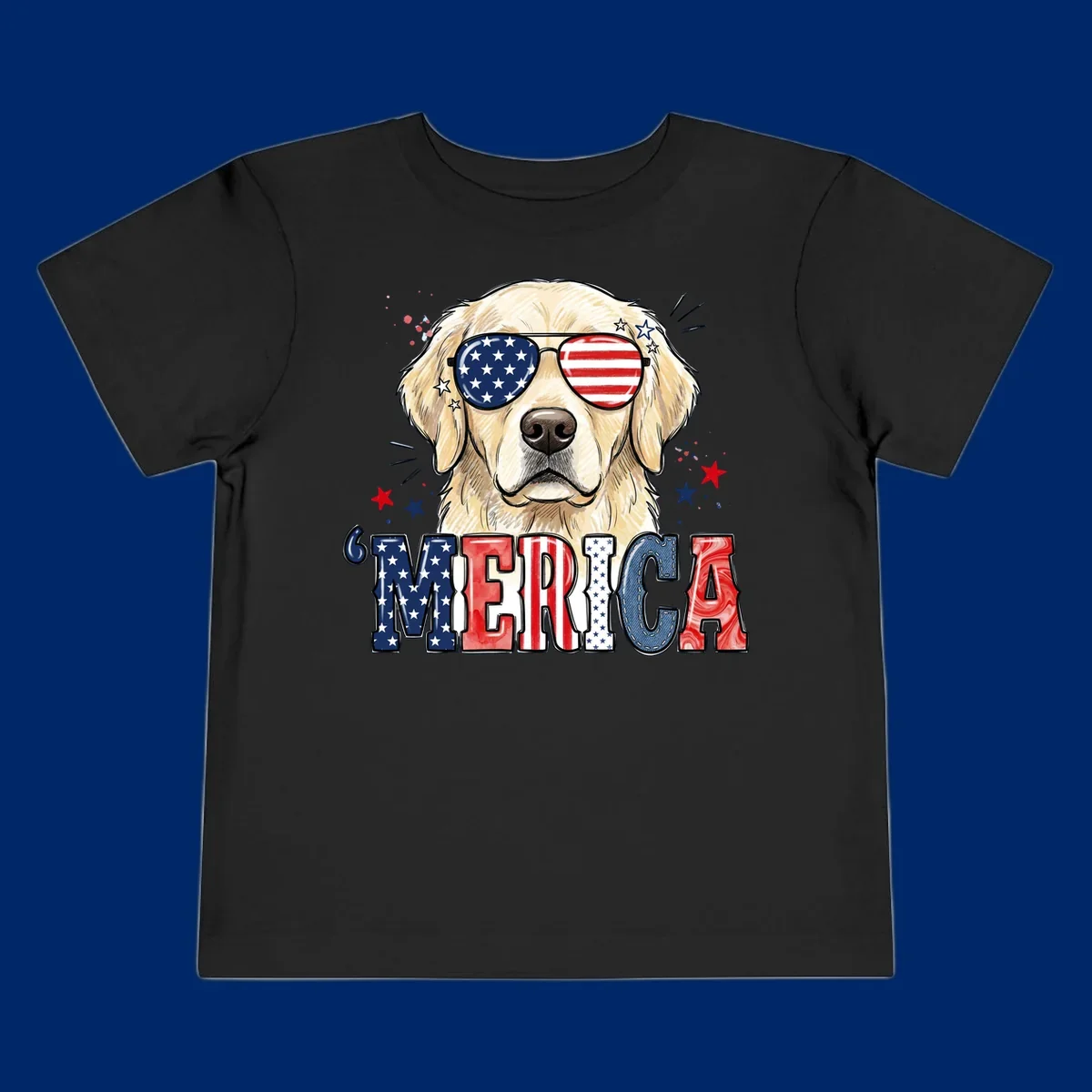 An illustration of a golden retriever wearing American flag sunglasses, with paint splatters and stars, and the text 'MERICA below, celebrating patriotic dog merica.