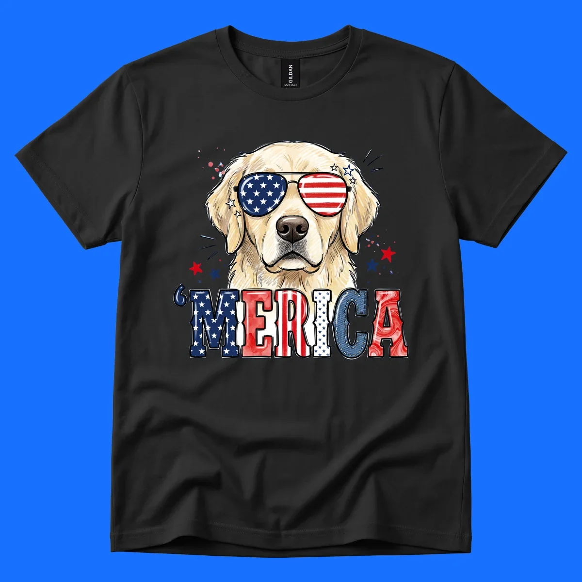 An illustration of a golden retriever wearing American flag sunglasses, with paint splatters and stars, and the text 'MERICA below, celebrating patriotic dog merica.