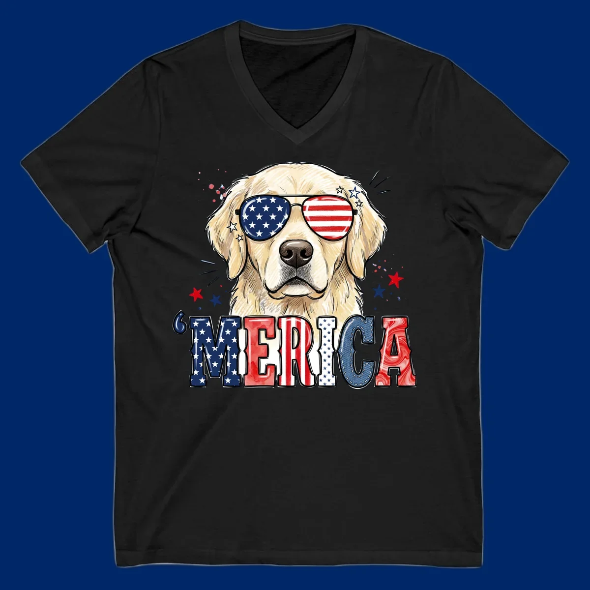 An illustration of a golden retriever wearing American flag sunglasses, with paint splatters and stars, and the text 'MERICA below, celebrating patriotic dog merica.