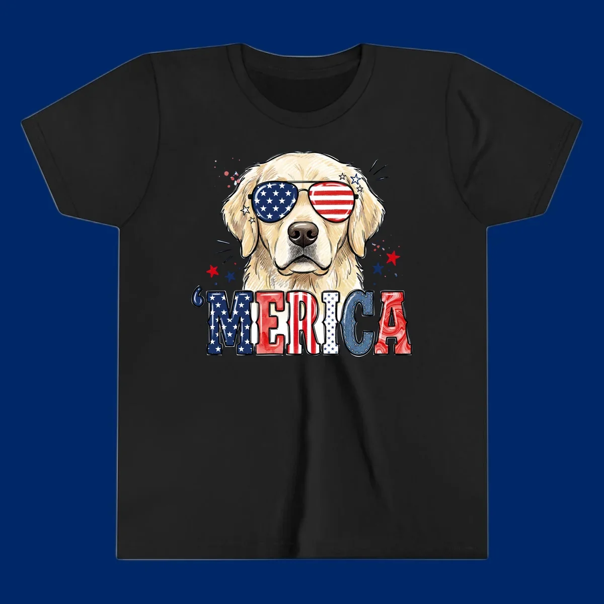 An illustration of a golden retriever wearing American flag sunglasses, with paint splatters and stars, and the text 'MERICA below, celebrating patriotic dog merica.