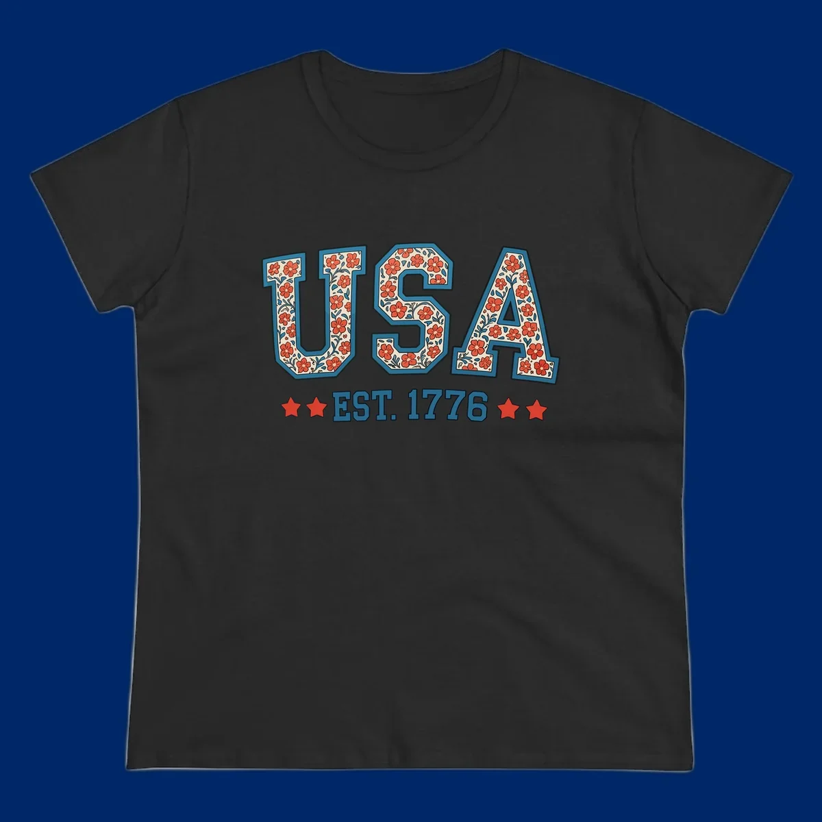 Illustrated text 'USA' with red flowers and blue leaves, above blue 'EST. 1776' text flanked by red stars. Concept: usa-est-1776-floral.