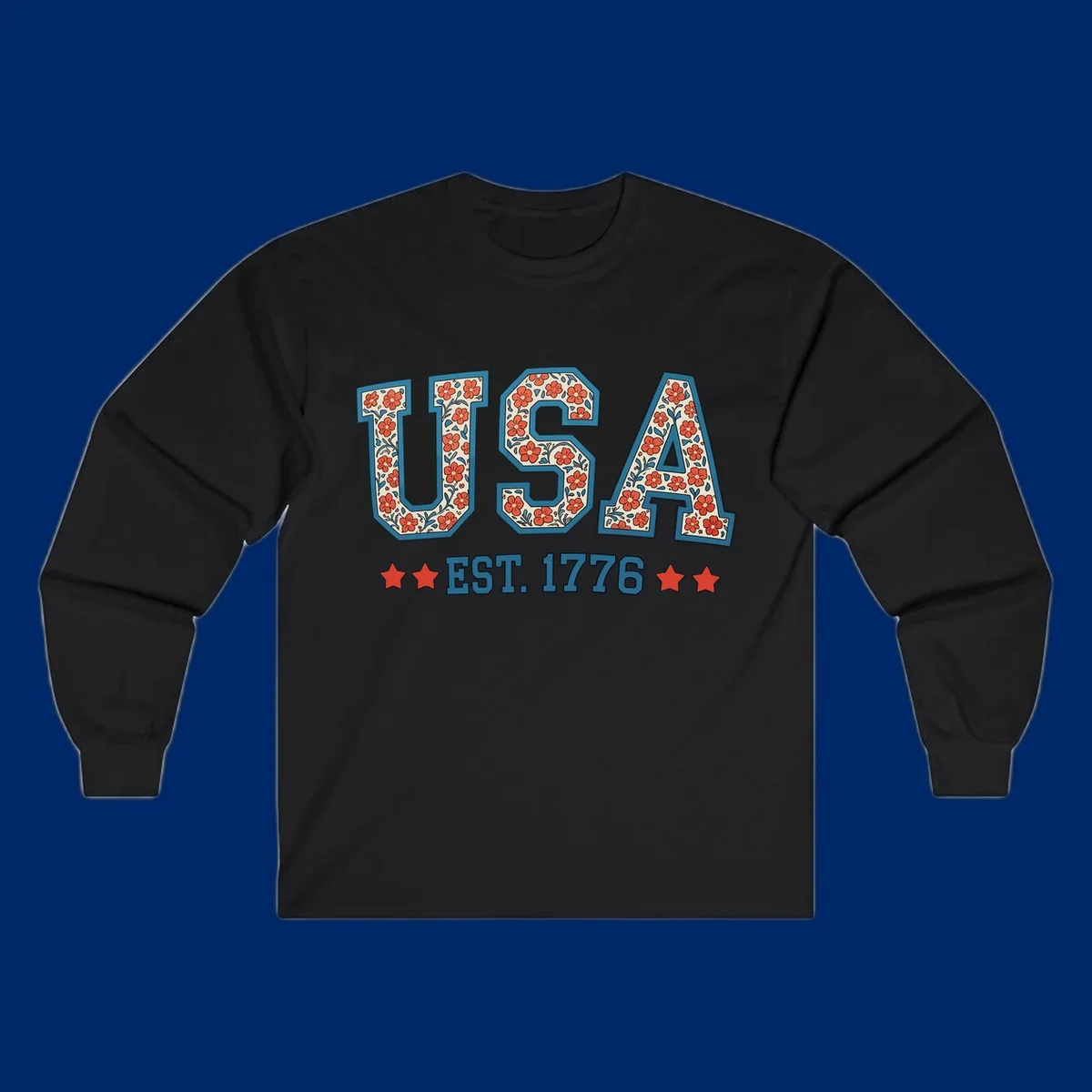 Illustrated text 'USA' with red flowers and blue leaves, above blue 'EST. 1776' text flanked by red stars. Concept: usa-est-1776-floral.