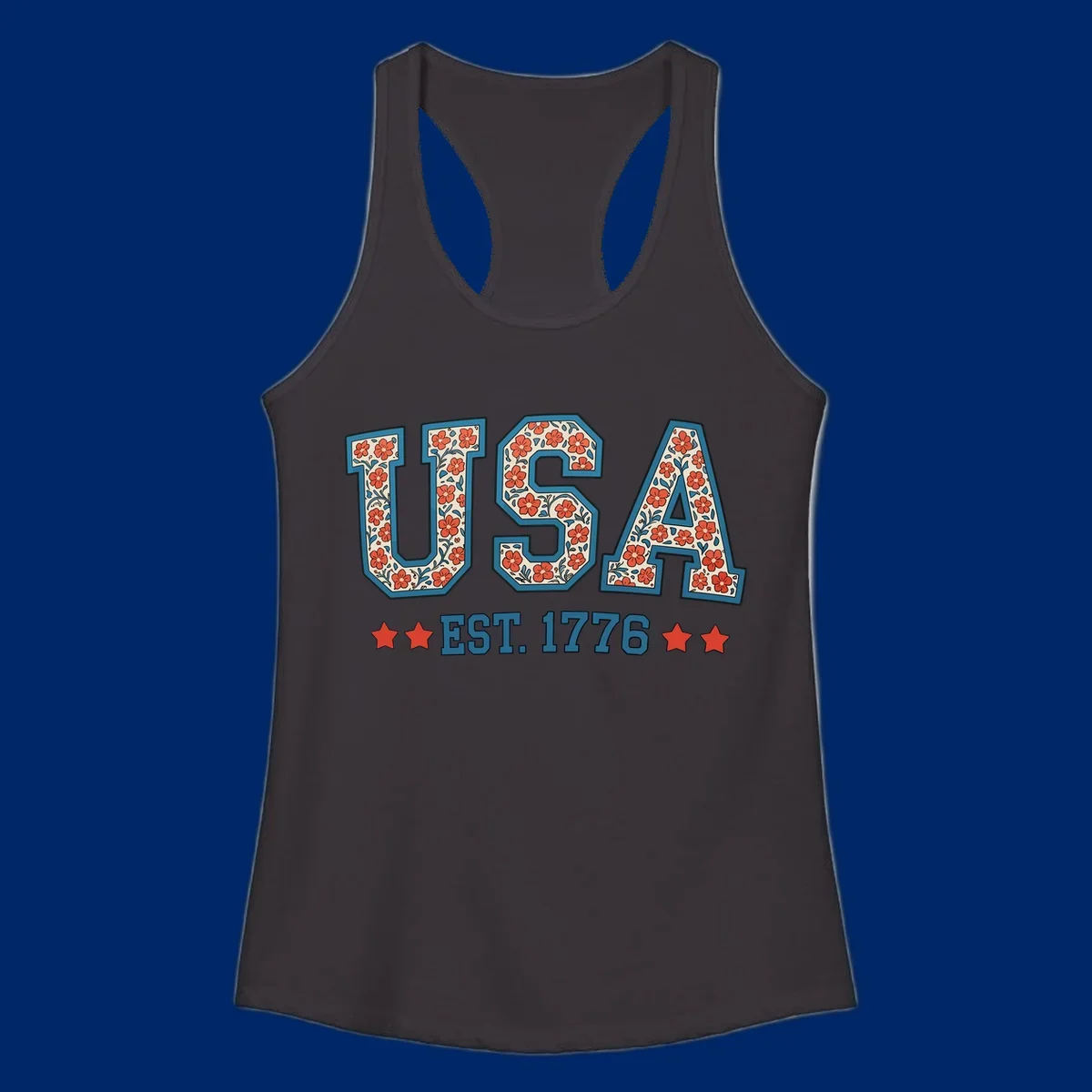 Illustrated text 'USA' with red flowers and blue leaves, above blue 'EST. 1776' text flanked by red stars. Concept: usa-est-1776-floral.