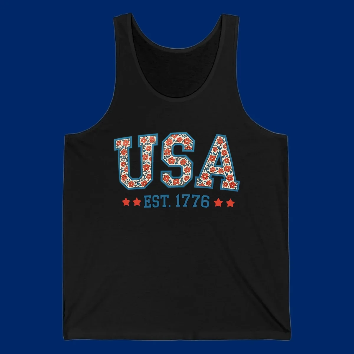 Illustrated text 'USA' with red flowers and blue leaves, above blue 'EST. 1776' text flanked by red stars. Concept: usa-est-1776-floral.
