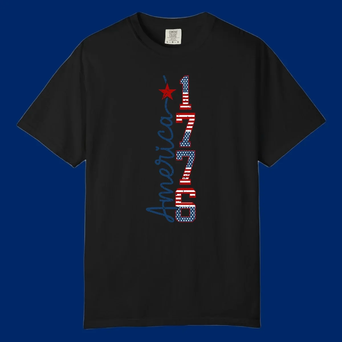 A distressed patriotic design featuring the word 'America' in blue script and the numbers '1776' in an American flag pattern, with a red star above, representing the america-1776-patriotic-celebration.