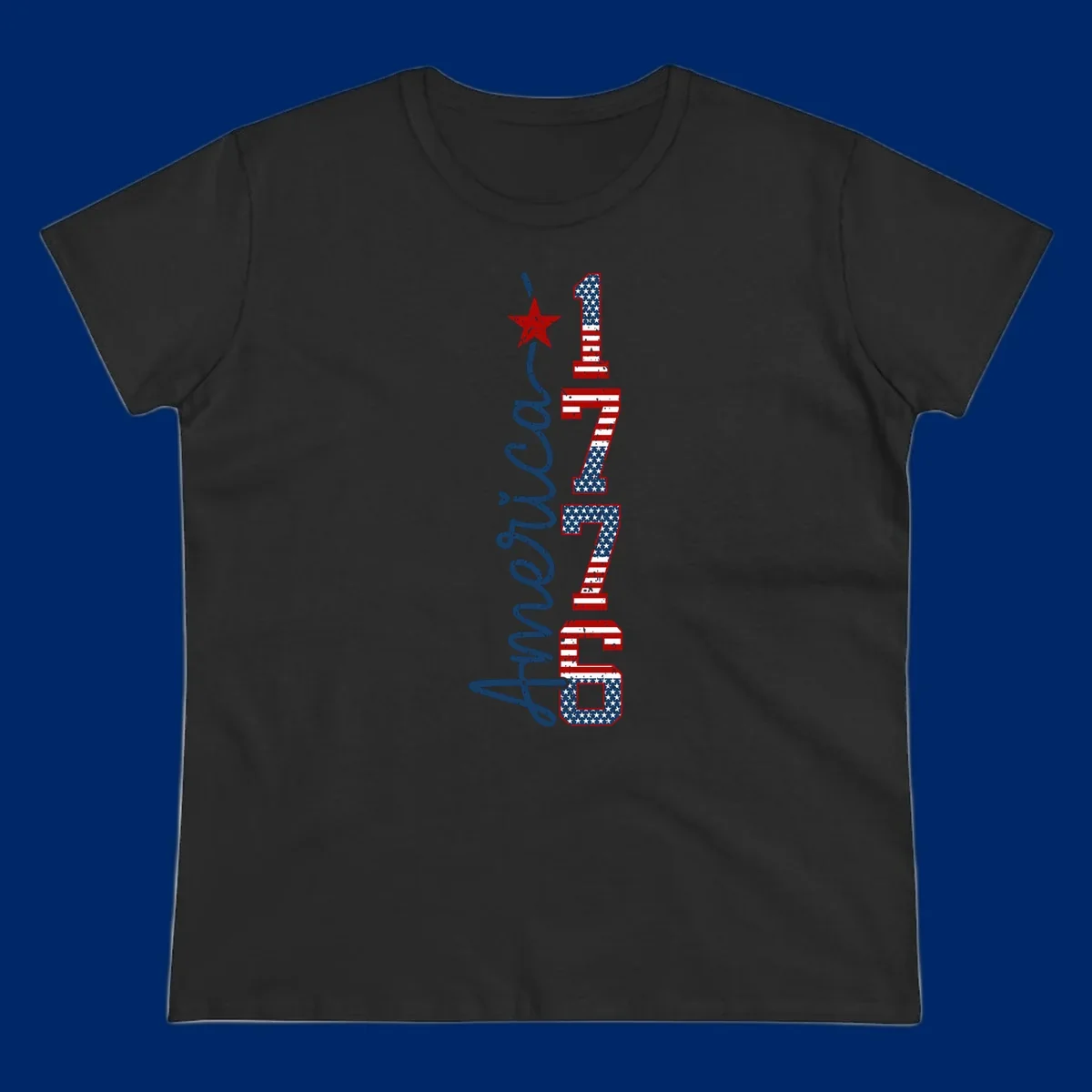 A distressed patriotic design featuring the word 'America' in blue script and the numbers '1776' in an American flag pattern, with a red star above, representing the america-1776-patriotic-celebration.