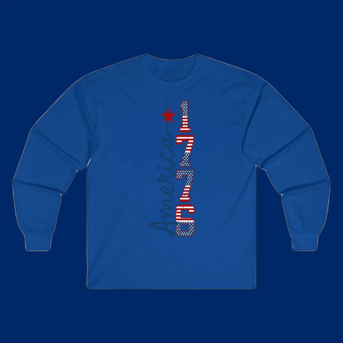 A distressed patriotic design featuring the word 'America' in blue script and the numbers '1776' in an American flag pattern, with a red star above, representing the america-1776-patriotic-celebration.