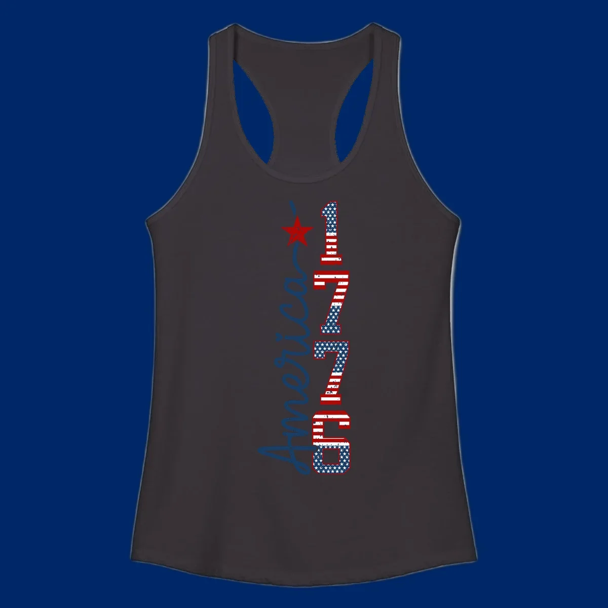 A distressed patriotic design featuring the word 'America' in blue script and the numbers '1776' in an American flag pattern, with a red star above, representing the america-1776-patriotic-celebration.