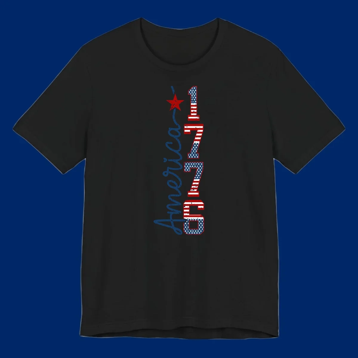 A distressed patriotic design featuring the word 'America' in blue script and the numbers '1776' in an American flag pattern, with a red star above, representing the america-1776-patriotic-celebration.