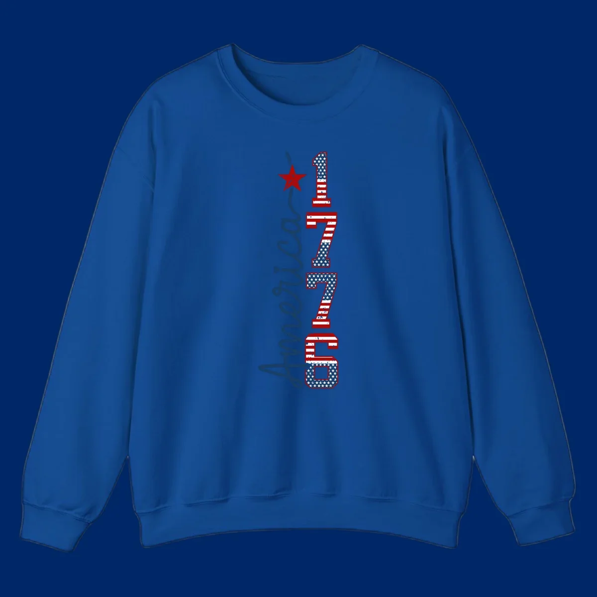A distressed patriotic design featuring the word 'America' in blue script and the numbers '1776' in an American flag pattern, with a red star above, representing the america-1776-patriotic-celebration.