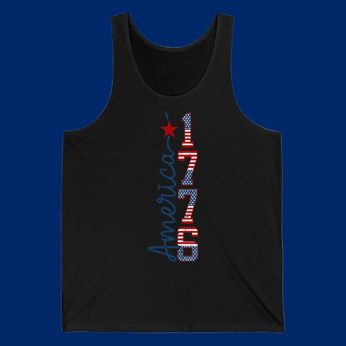 A distressed patriotic design featuring the word 'America' in blue script and the numbers '1776' in an American flag pattern, with a red star above, representing the america-1776-patriotic-celebration.