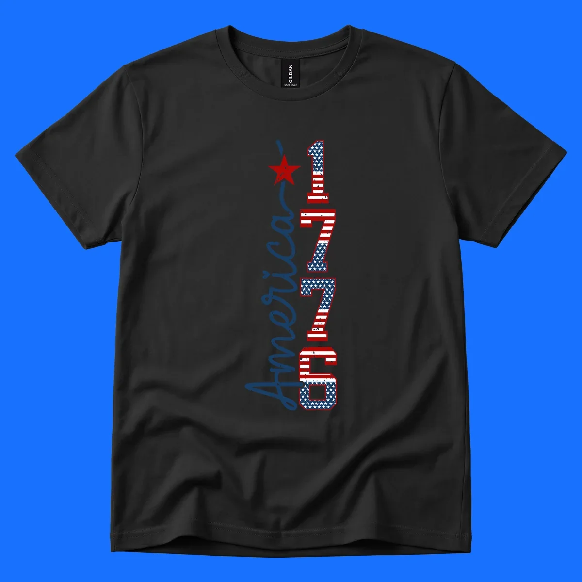 A distressed patriotic design featuring the word 'America' in blue script and the numbers '1776' in an American flag pattern, with a red star above, representing the america-1776-patriotic-celebration.