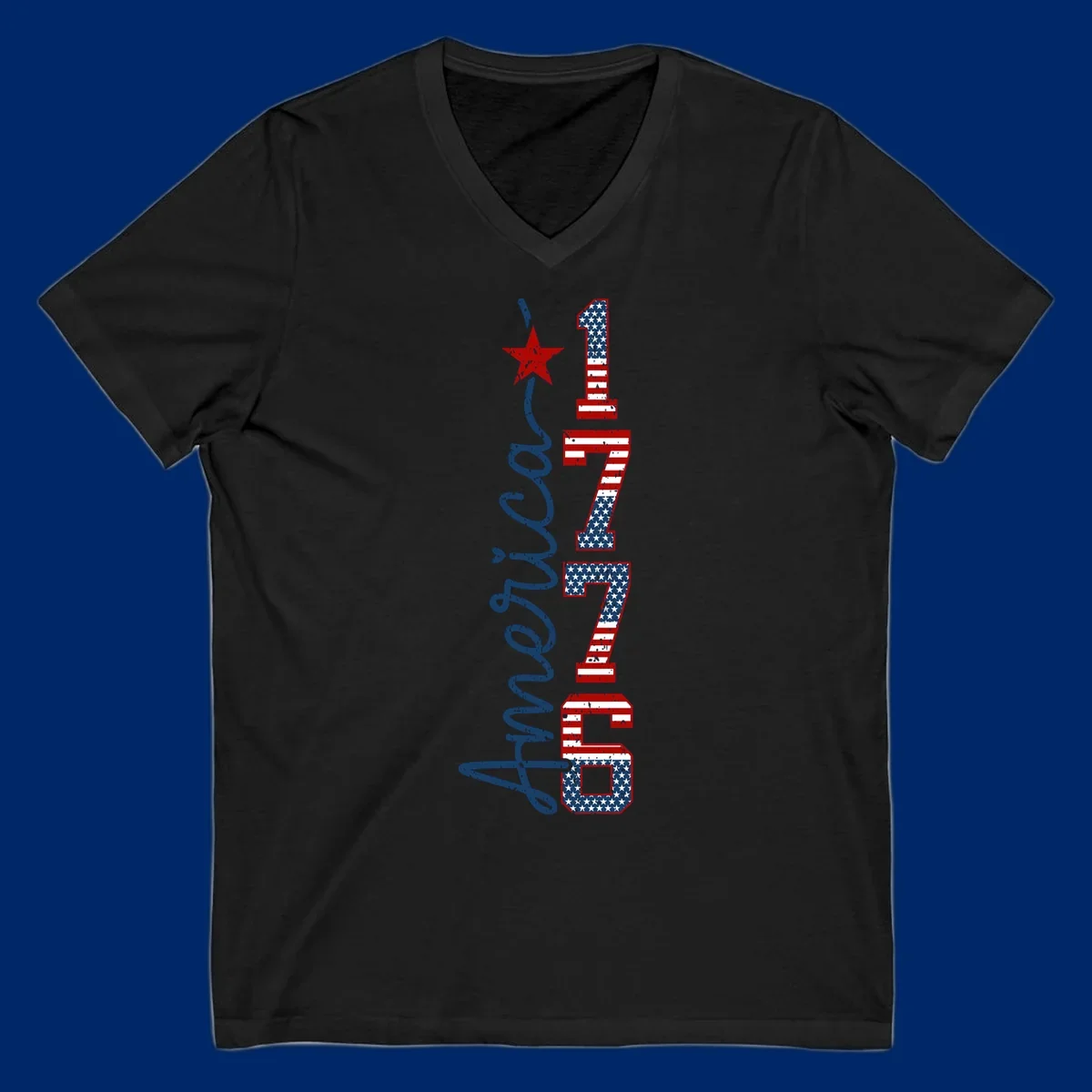 A distressed patriotic design featuring the word 'America' in blue script and the numbers '1776' in an American flag pattern, with a red star above, representing the america-1776-patriotic-celebration.