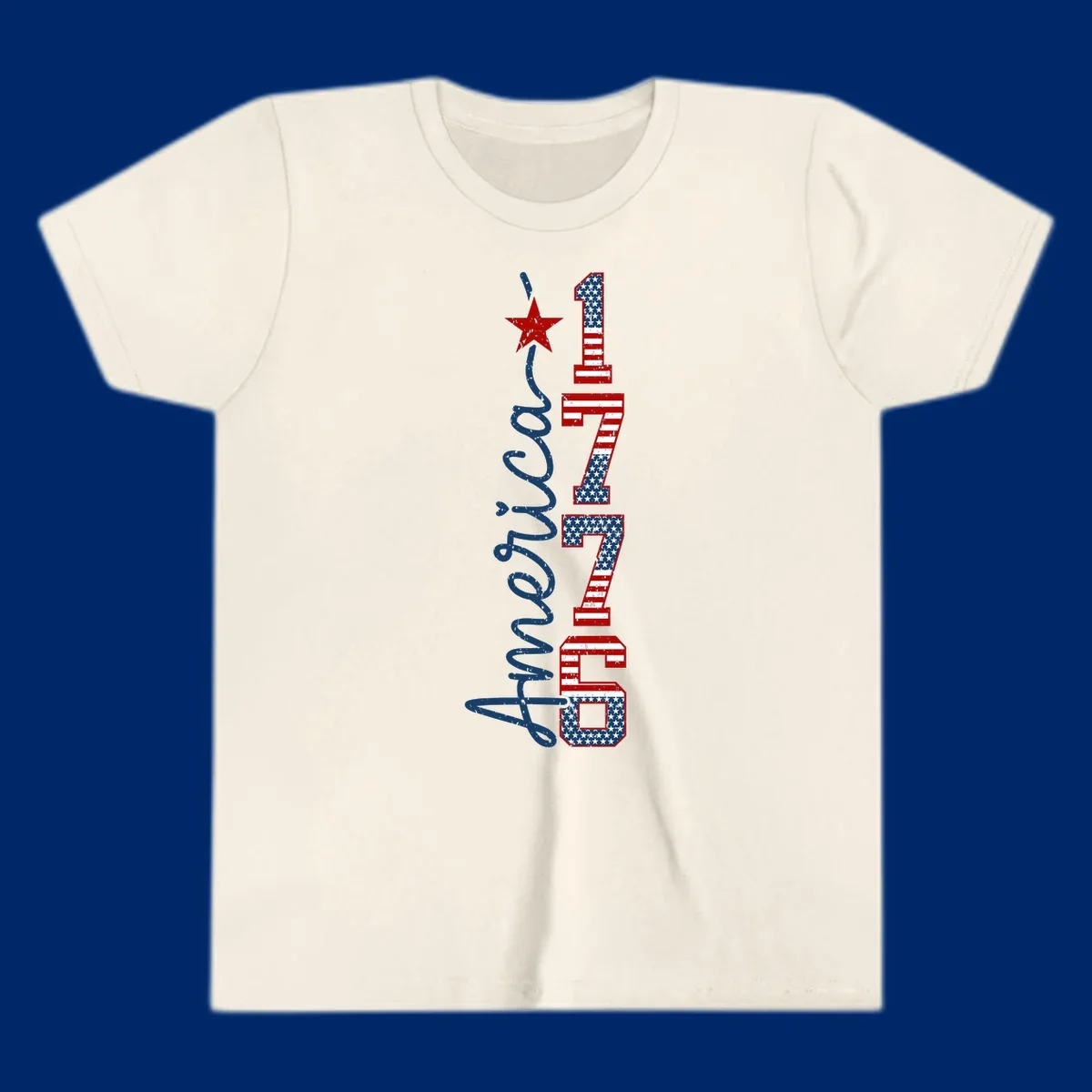 A distressed patriotic design featuring the word 'America' in blue script and the numbers '1776' in an American flag pattern, with a red star above, representing the america-1776-patriotic-celebration.