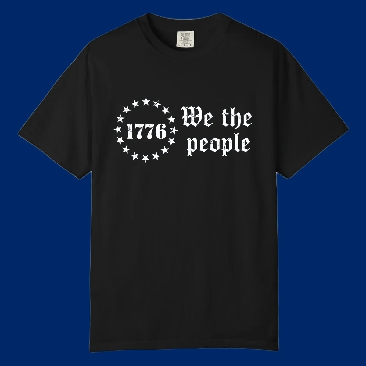 A distressed white design on a black background featuring 'WE THE PEOPLE', 'EST. 1776', '250 YEARS' text and patriotic stars for America's 250th anniversary.