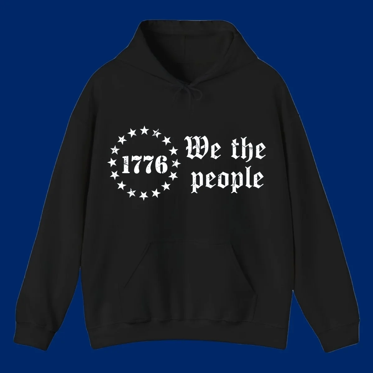 A distressed white design on a black background featuring 'WE THE PEOPLE', 'EST. 1776', '250 YEARS' text and patriotic stars for America's 250th anniversary.