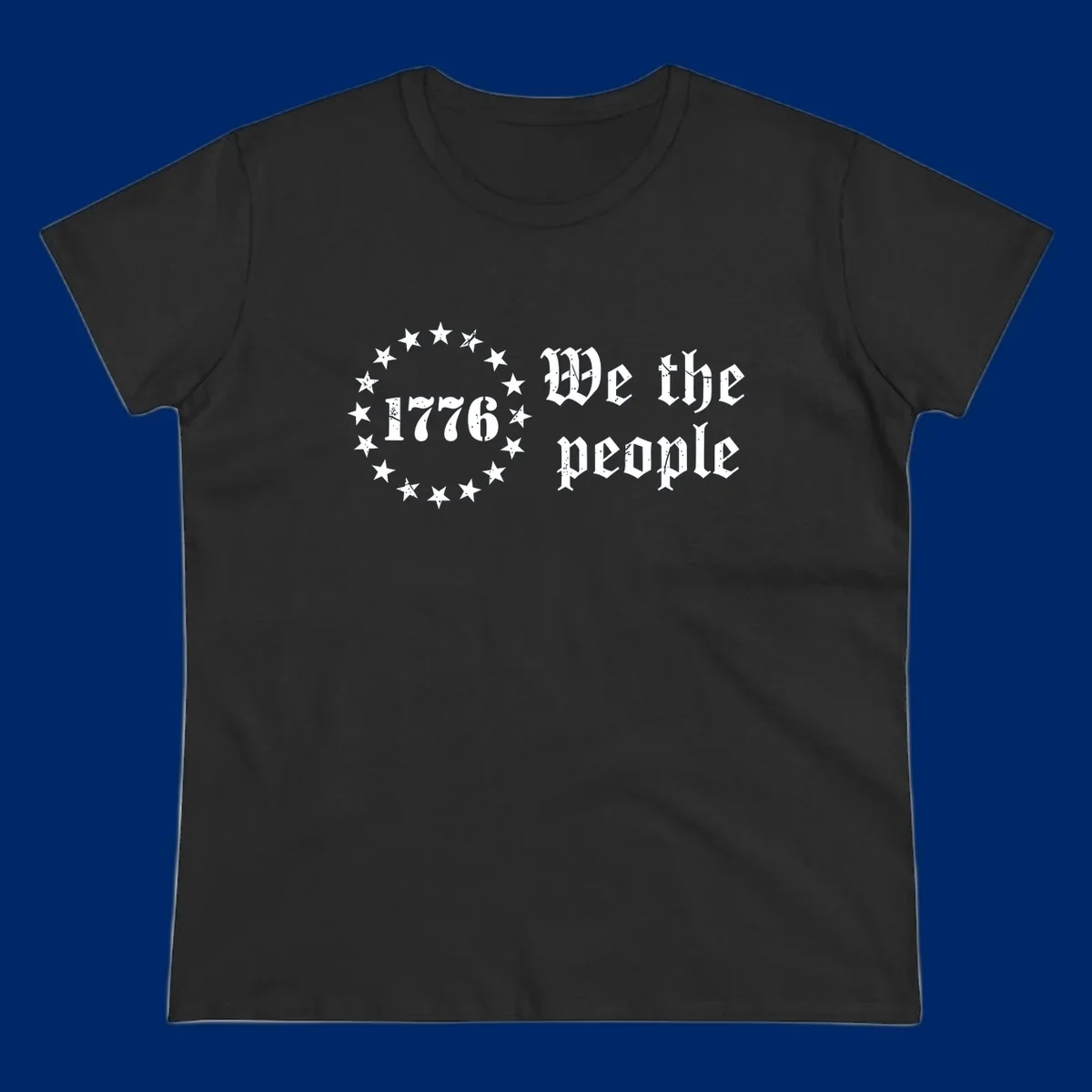A distressed white design on a black background featuring 'WE THE PEOPLE', 'EST. 1776', '250 YEARS' text and patriotic stars for America's 250th anniversary.