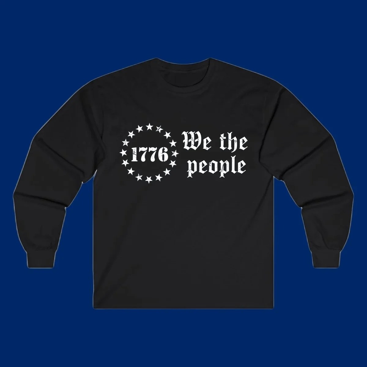 A distressed white design on a black background featuring 'WE THE PEOPLE', 'EST. 1776', '250 YEARS' text and patriotic stars for America's 250th anniversary.