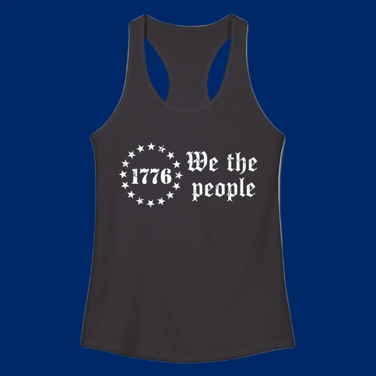 A distressed white design on a black background featuring 'WE THE PEOPLE', 'EST. 1776', '250 YEARS' text and patriotic stars for America's 250th anniversary.