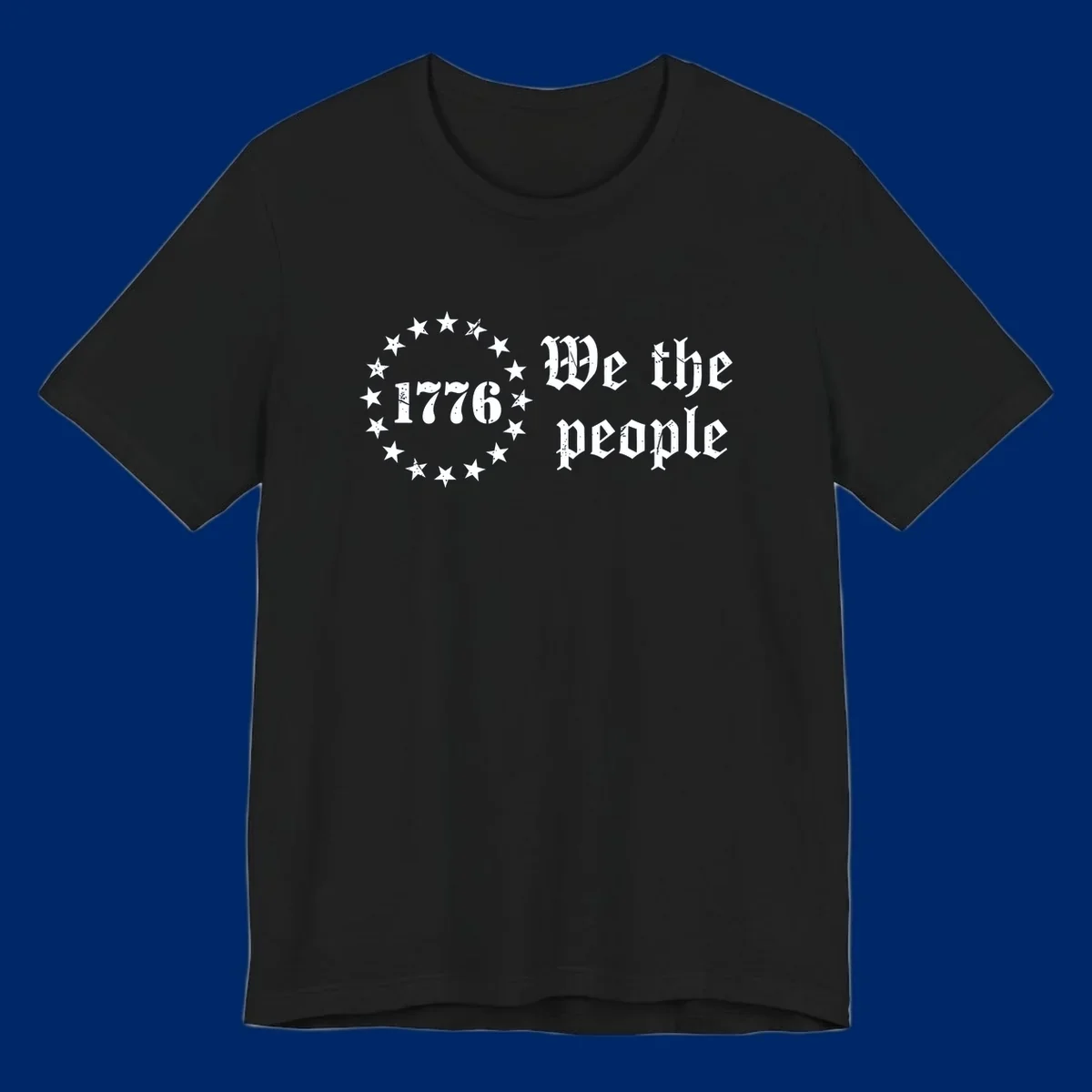 A distressed white design on a black background featuring 'WE THE PEOPLE', 'EST. 1776', '250 YEARS' text and patriotic stars for America's 250th anniversary.