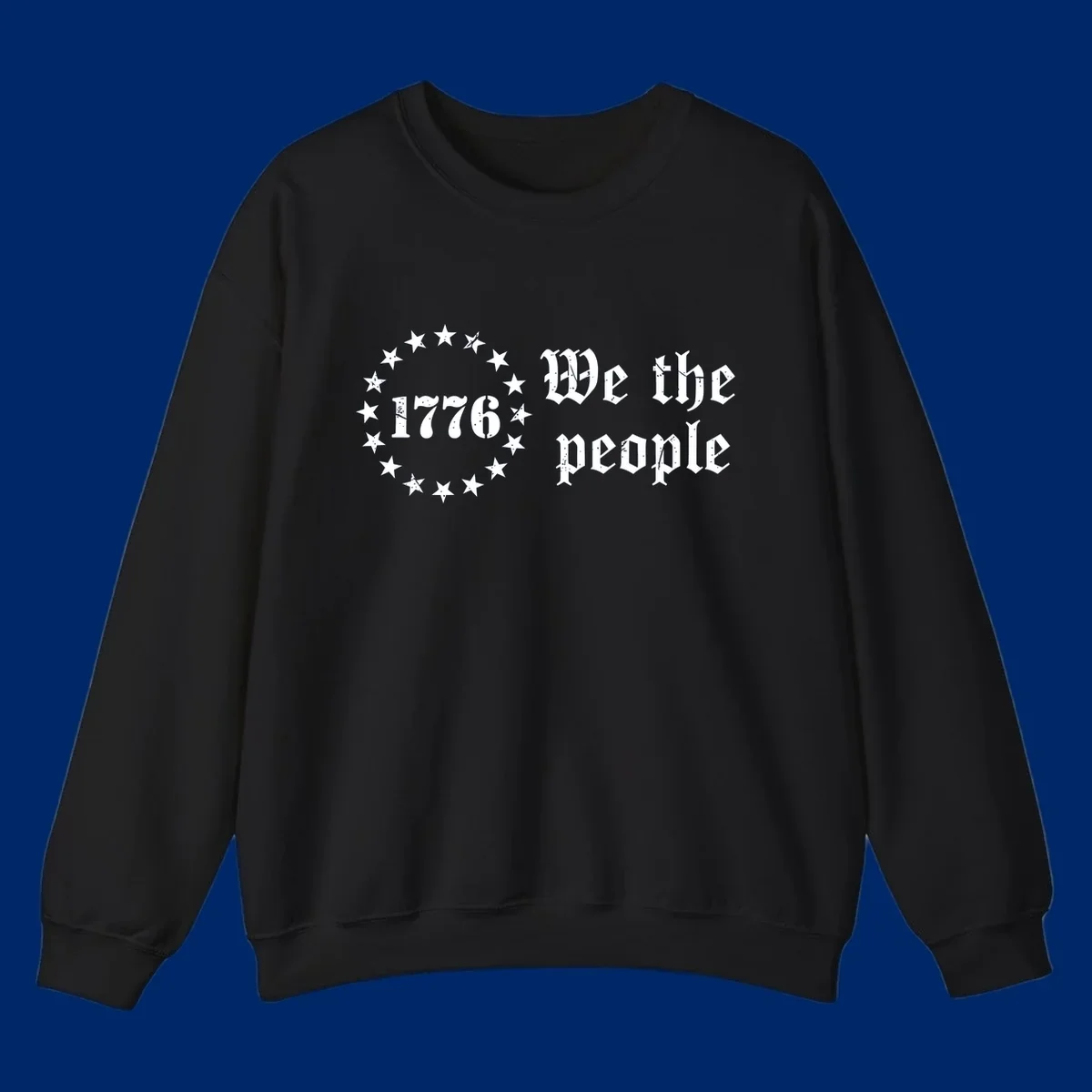 A distressed white design on a black background featuring 'WE THE PEOPLE', 'EST. 1776', '250 YEARS' text and patriotic stars for America's 250th anniversary.