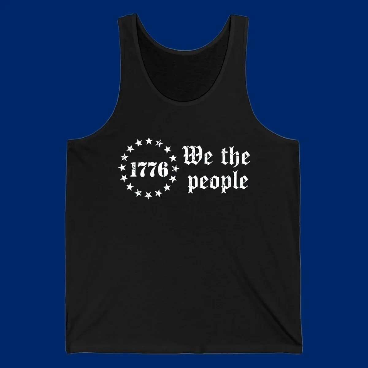 A distressed white design on a black background featuring 'WE THE PEOPLE', 'EST. 1776', '250 YEARS' text and patriotic stars for America's 250th anniversary.