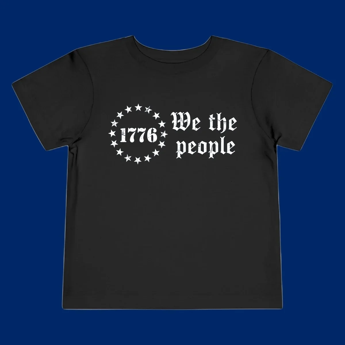 A distressed white design on a black background featuring 'WE THE PEOPLE', 'EST. 1776', '250 YEARS' text and patriotic stars for America's 250th anniversary.