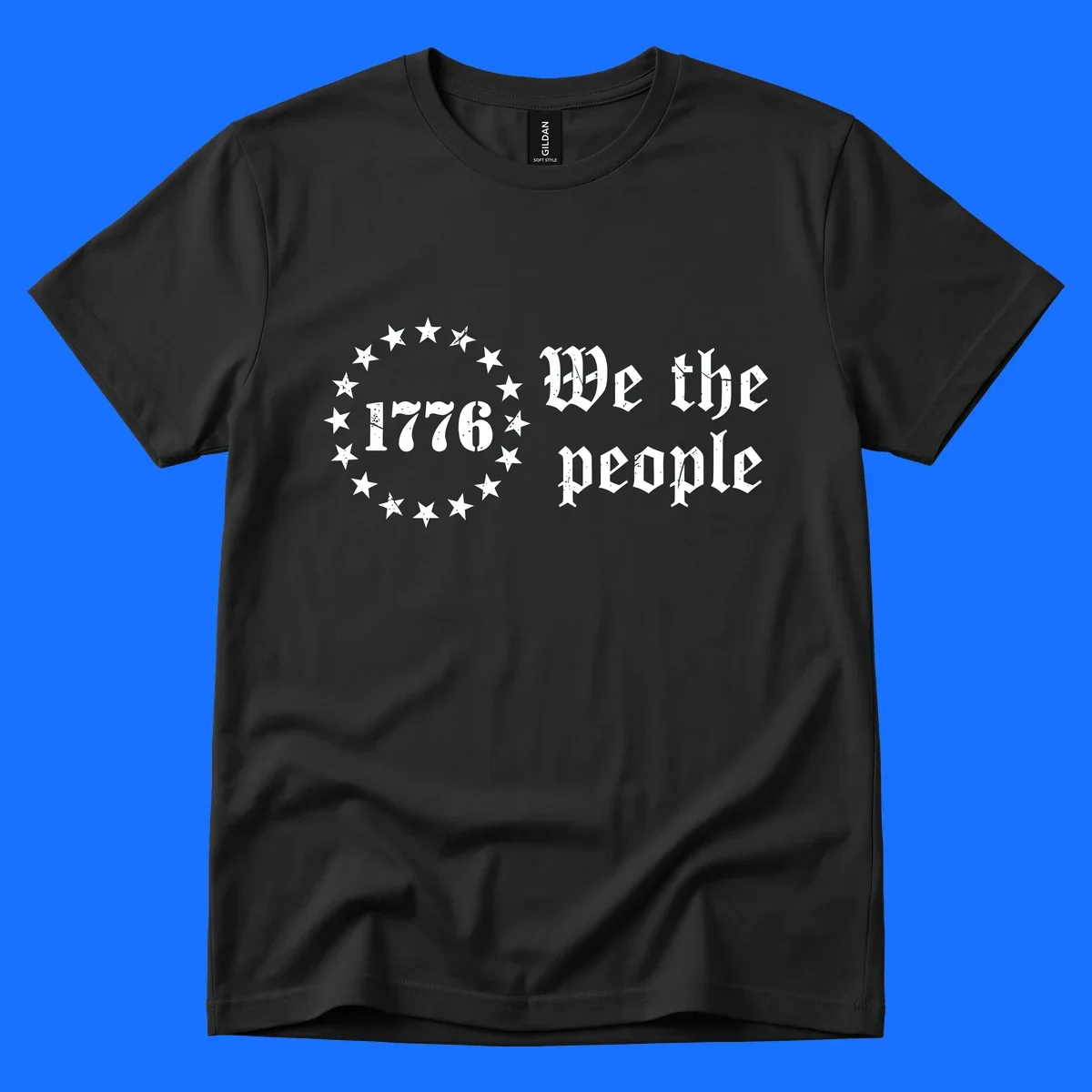 A distressed white design on a black background featuring 'WE THE PEOPLE', 'EST. 1776', '250 YEARS' text and patriotic stars for America's 250th anniversary.