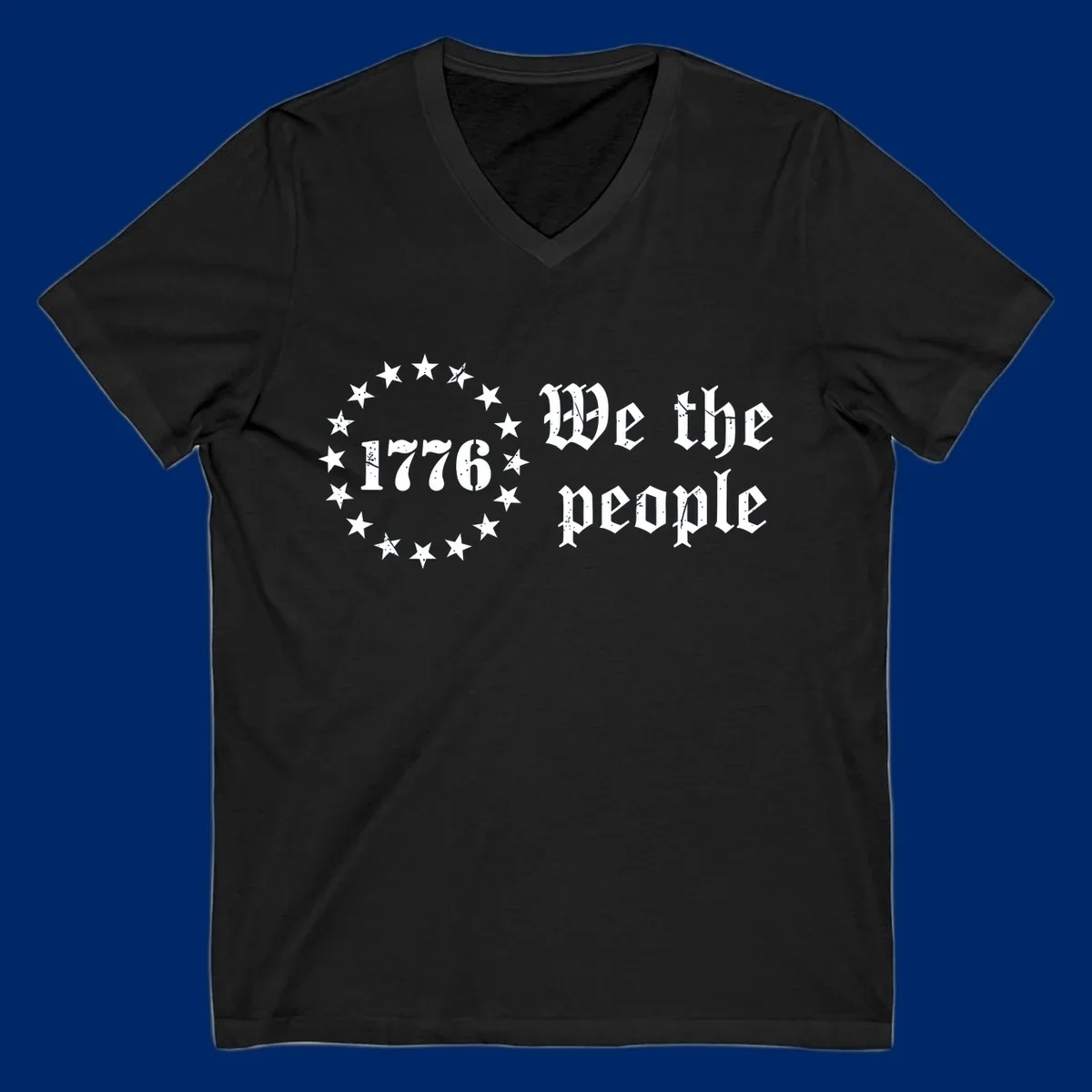 A distressed white design on a black background featuring 'WE THE PEOPLE', 'EST. 1776', '250 YEARS' text and patriotic stars for America's 250th anniversary.
