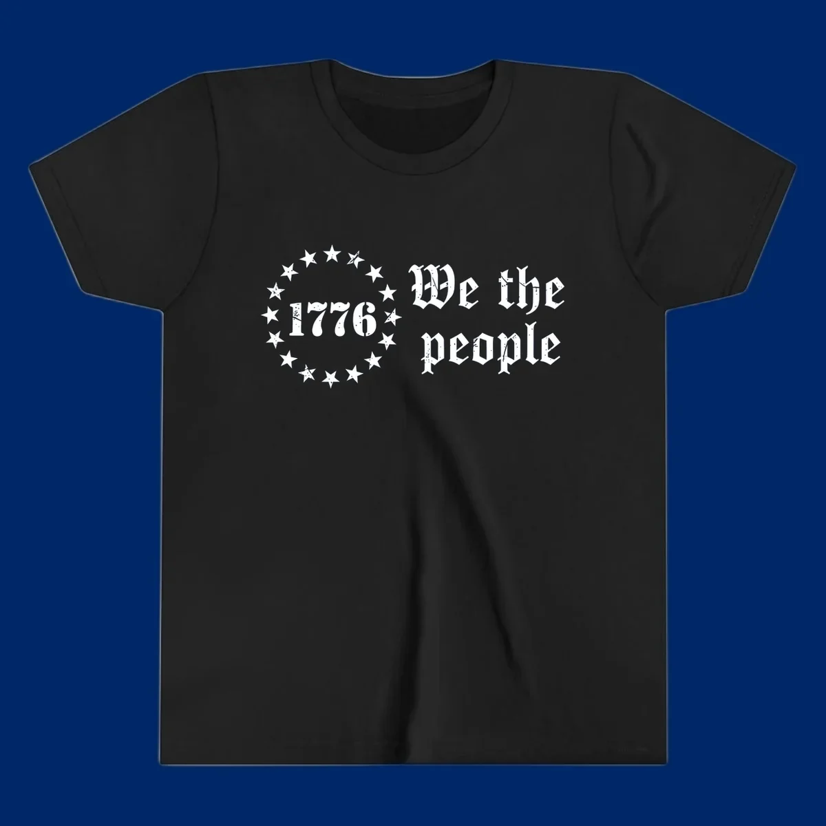A distressed white design on a black background featuring 'WE THE PEOPLE', 'EST. 1776', '250 YEARS' text and patriotic stars for America's 250th anniversary.