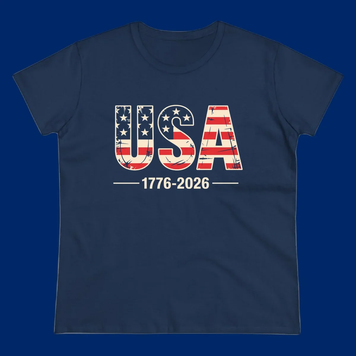 A vintage distressed design featuring the letters USA filled with stars and stripes, with 1776-2026 below, celebrating the usa-250th-anniversary.