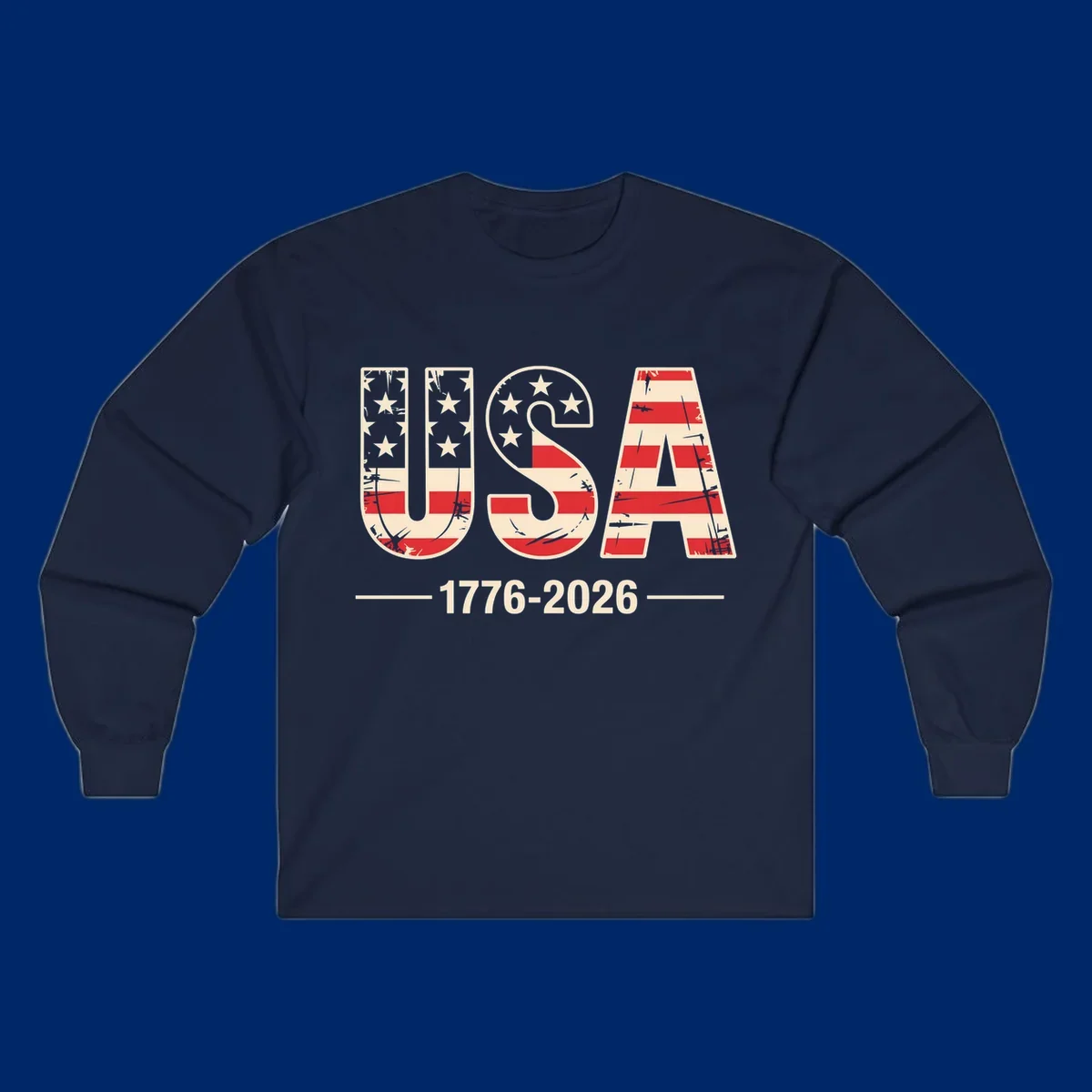 A vintage distressed design featuring the letters USA filled with stars and stripes, with 1776-2026 below, celebrating the usa-250th-anniversary.