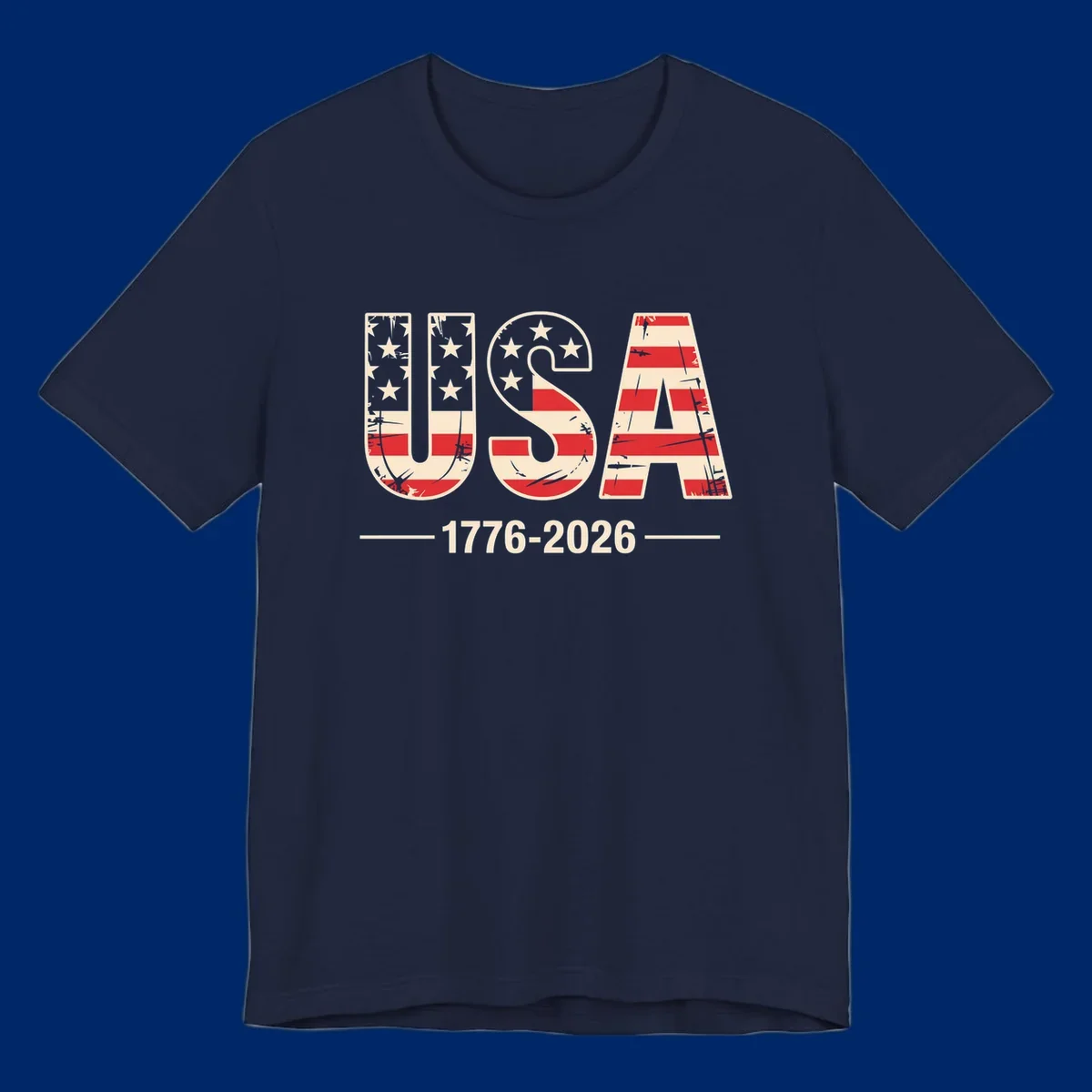 A vintage distressed design featuring the letters USA filled with stars and stripes, with 1776-2026 below, celebrating the usa-250th-anniversary.