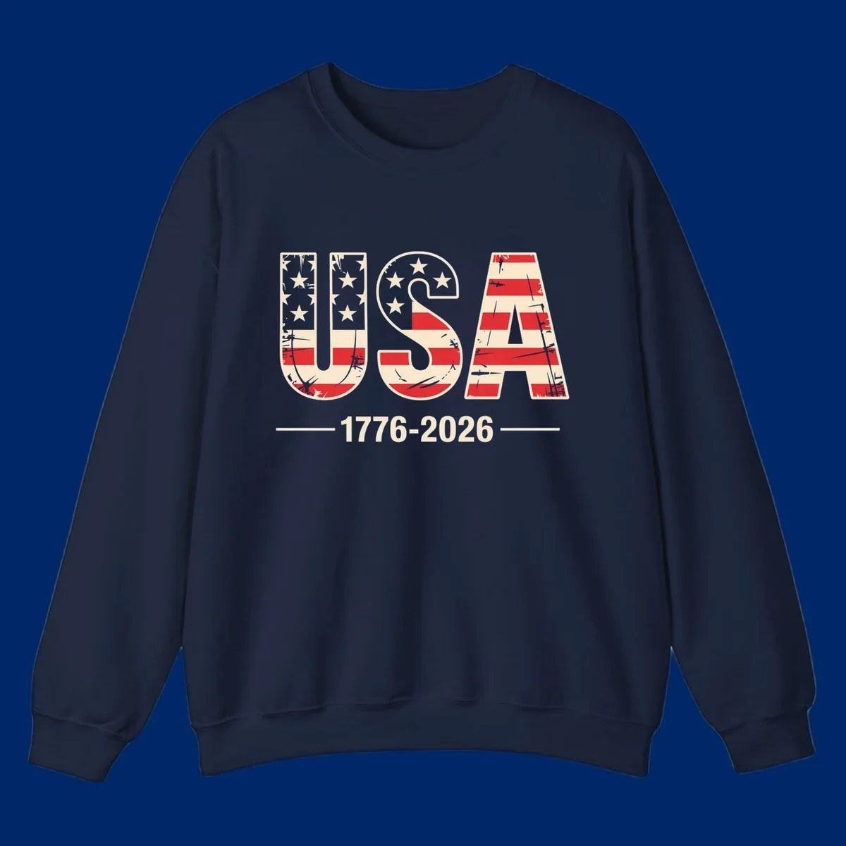 A vintage distressed design featuring the letters USA filled with stars and stripes, with 1776-2026 below, celebrating the usa-250th-anniversary.