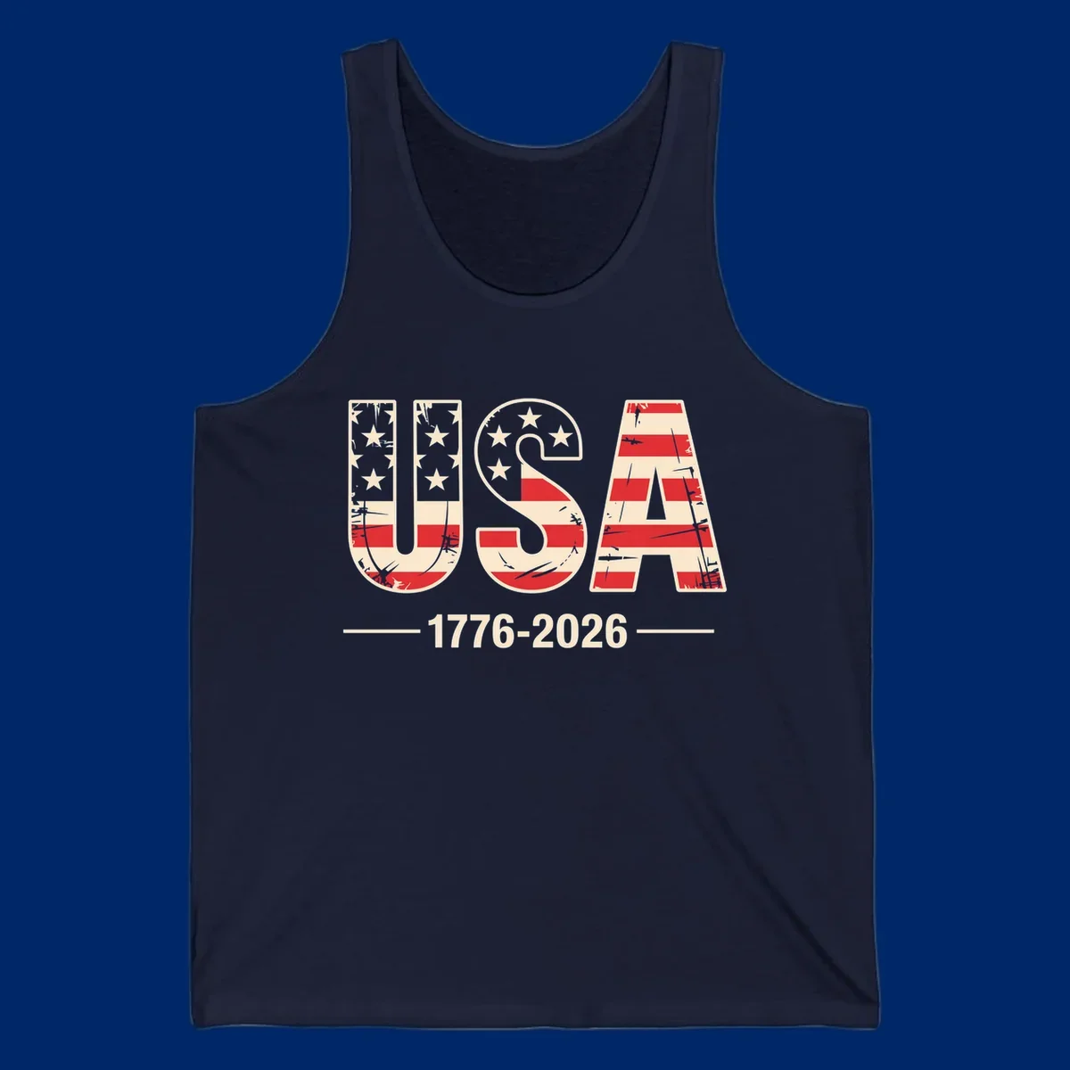 A vintage distressed design featuring the letters USA filled with stars and stripes, with 1776-2026 below, celebrating the usa-250th-anniversary.