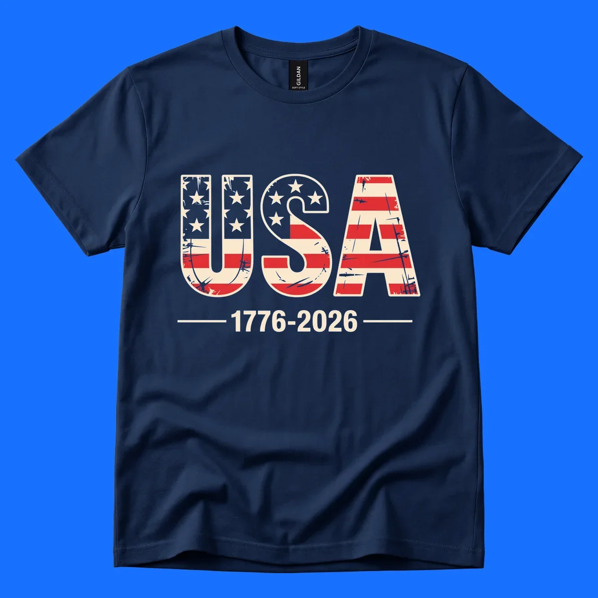 A vintage distressed design featuring the letters USA filled with stars and stripes, with 1776-2026 below, celebrating the usa-250th-anniversary.