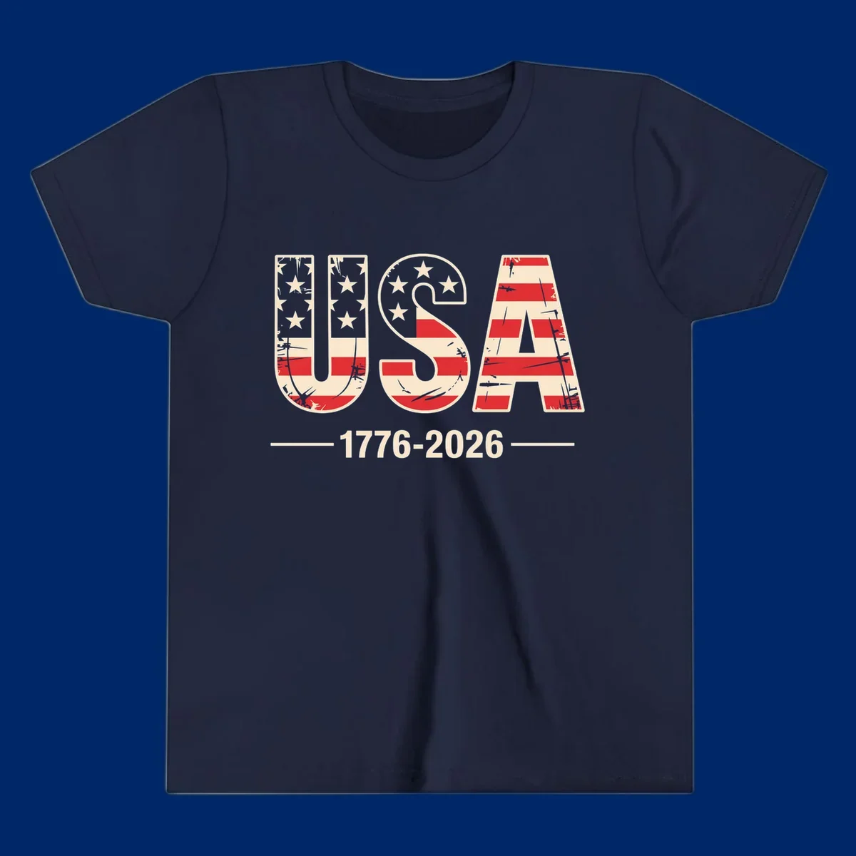 A vintage distressed design featuring the letters USA filled with stars and stripes, with 1776-2026 below, celebrating the usa-250th-anniversary.