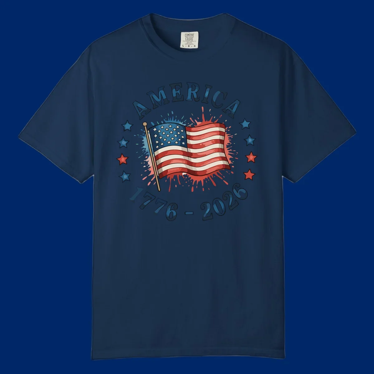 A patriotic America 250th anniversary flag design with text 'AMERICA' and '1776 - 2026' with paint splatters and stars.