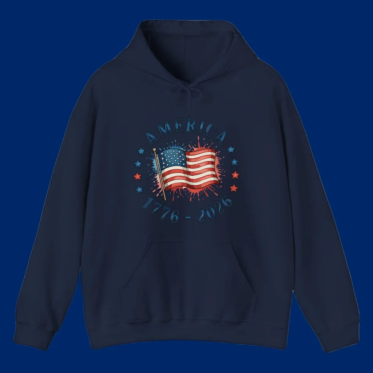 A patriotic America 250th anniversary flag design with text 'AMERICA' and '1776 - 2026' with paint splatters and stars.