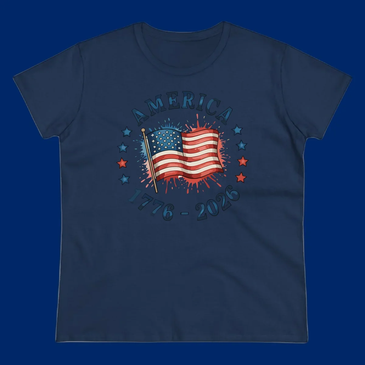 A patriotic America 250th anniversary flag design with text 'AMERICA' and '1776 - 2026' with paint splatters and stars.
