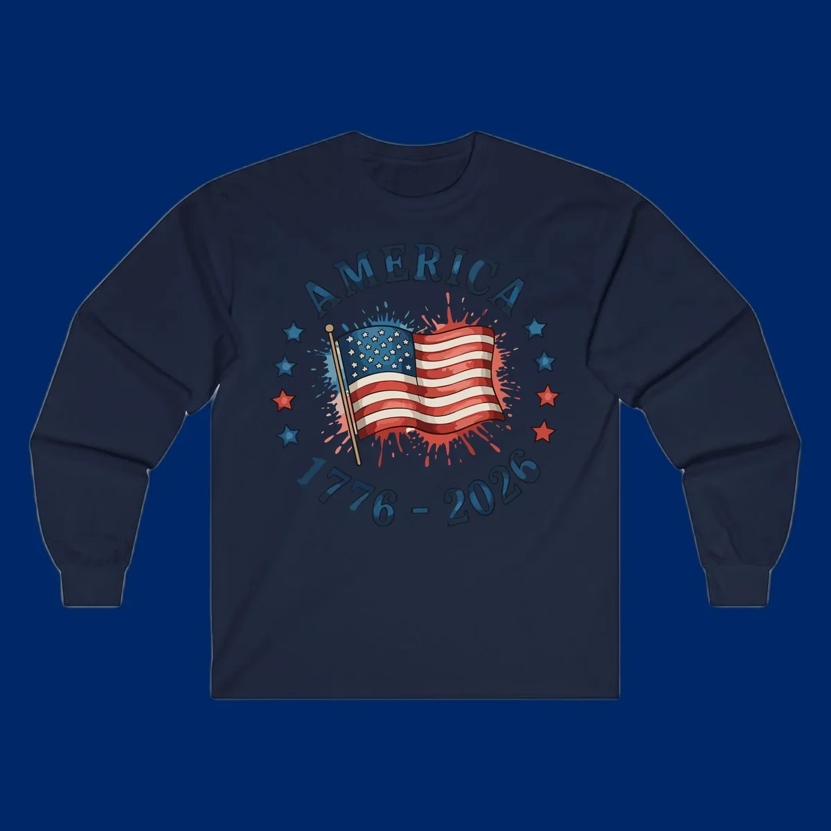 A patriotic America 250th anniversary flag design with text 'AMERICA' and '1776 - 2026' with paint splatters and stars.