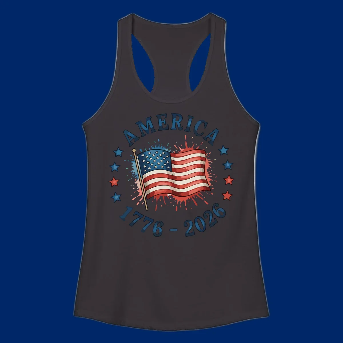 A patriotic America 250th anniversary flag design with text 'AMERICA' and '1776 - 2026' with paint splatters and stars.