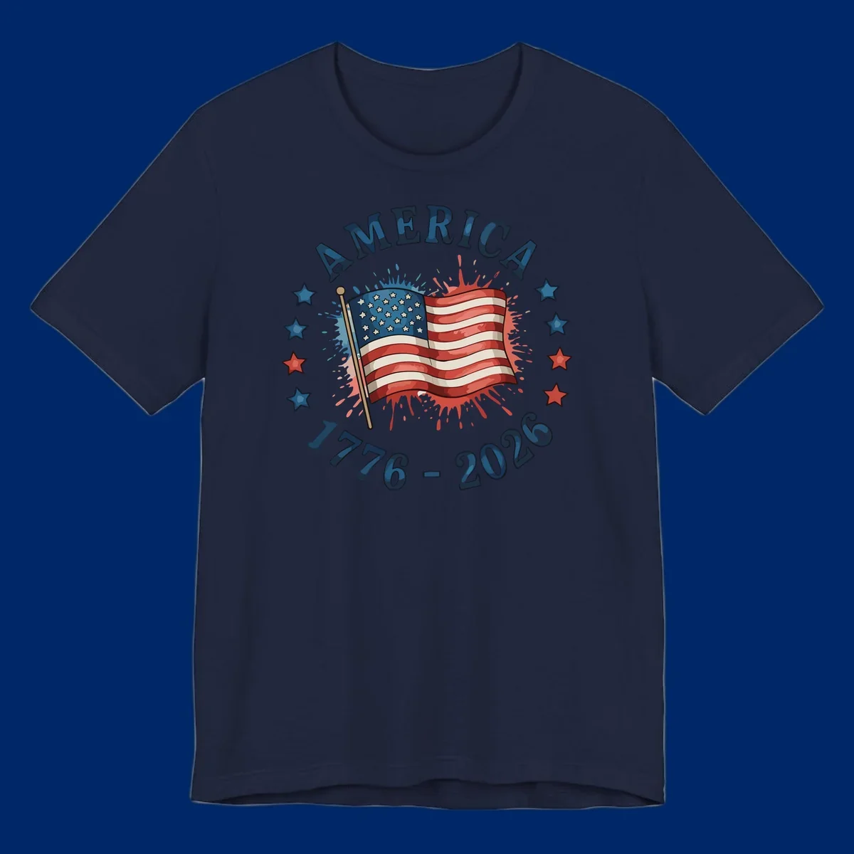 A patriotic America 250th anniversary flag design with text 'AMERICA' and '1776 - 2026' with paint splatters and stars.