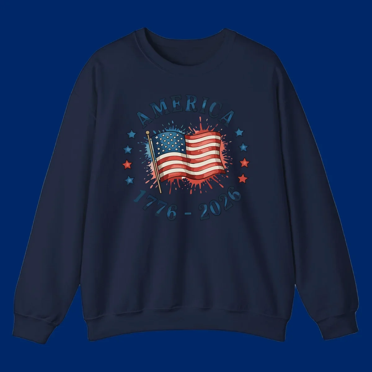A patriotic America 250th anniversary flag design with text 'AMERICA' and '1776 - 2026' with paint splatters and stars.