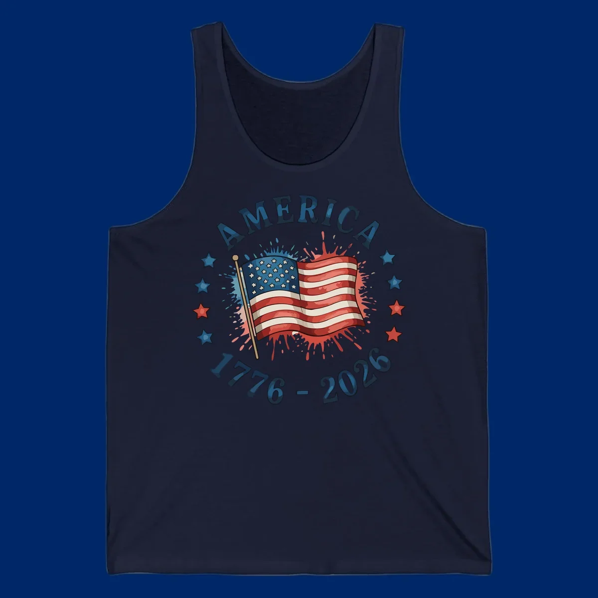 A patriotic America 250th anniversary flag design with text 'AMERICA' and '1776 - 2026' with paint splatters and stars.