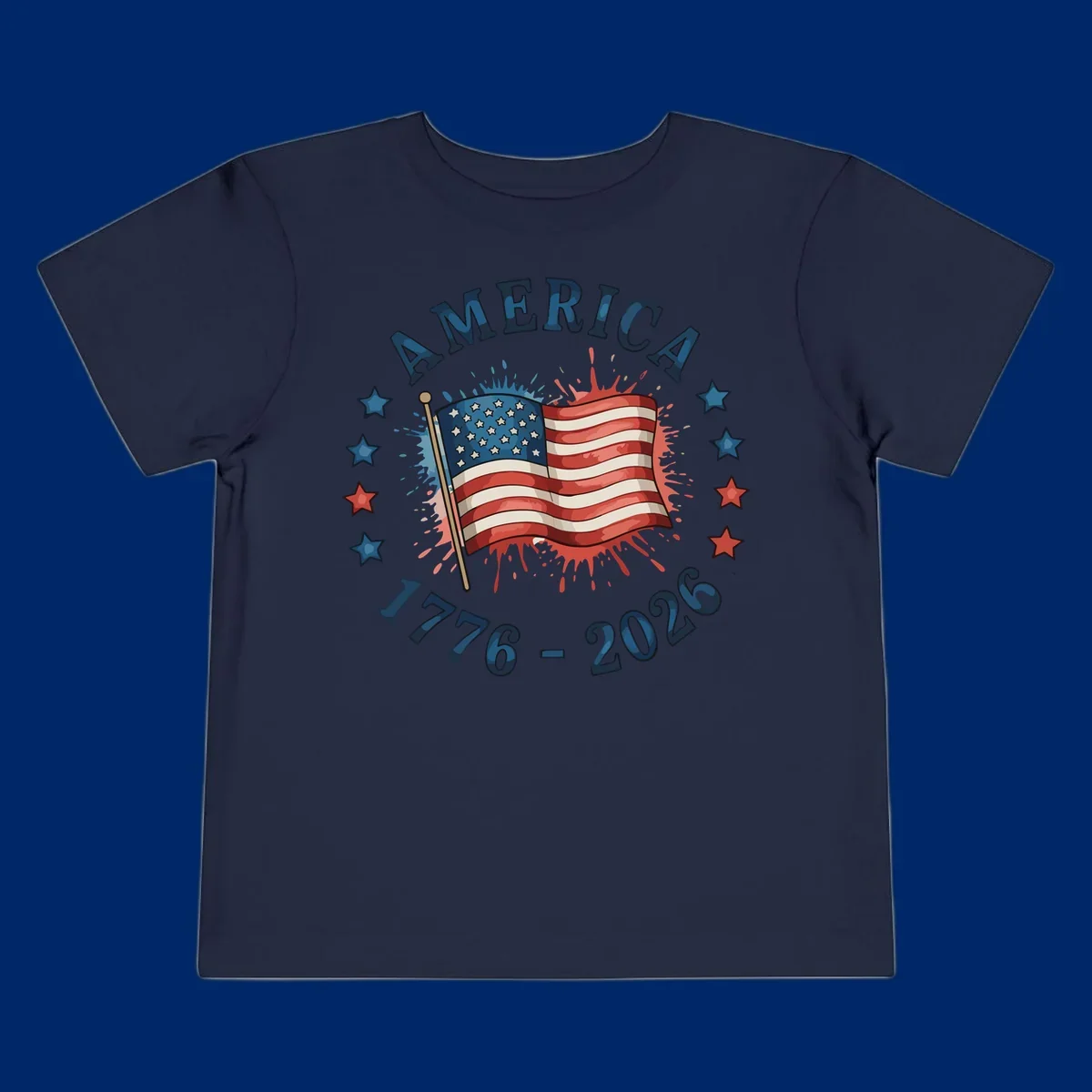 A patriotic America 250th anniversary flag design with text 'AMERICA' and '1776 - 2026' with paint splatters and stars.