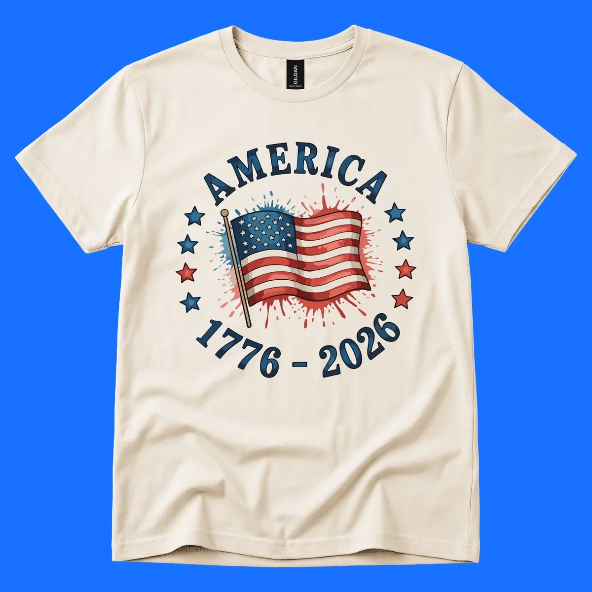A patriotic America 250th anniversary flag design with text 'AMERICA' and '1776 - 2026' with paint splatters and stars.