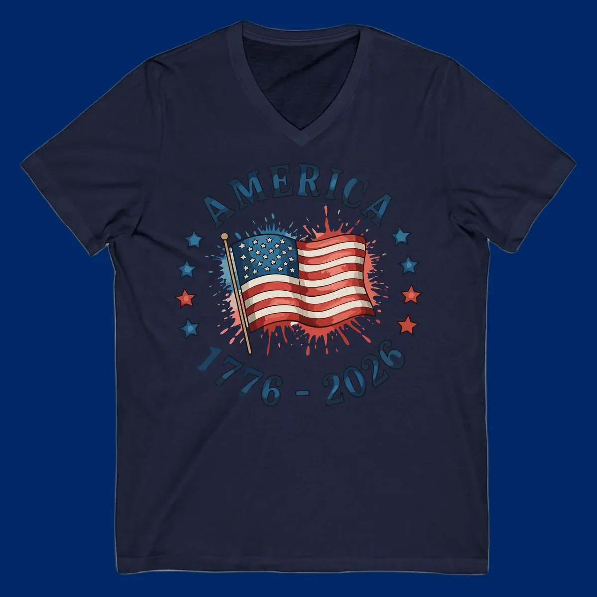 A patriotic America 250th anniversary flag design with text 'AMERICA' and '1776 - 2026' with paint splatters and stars.